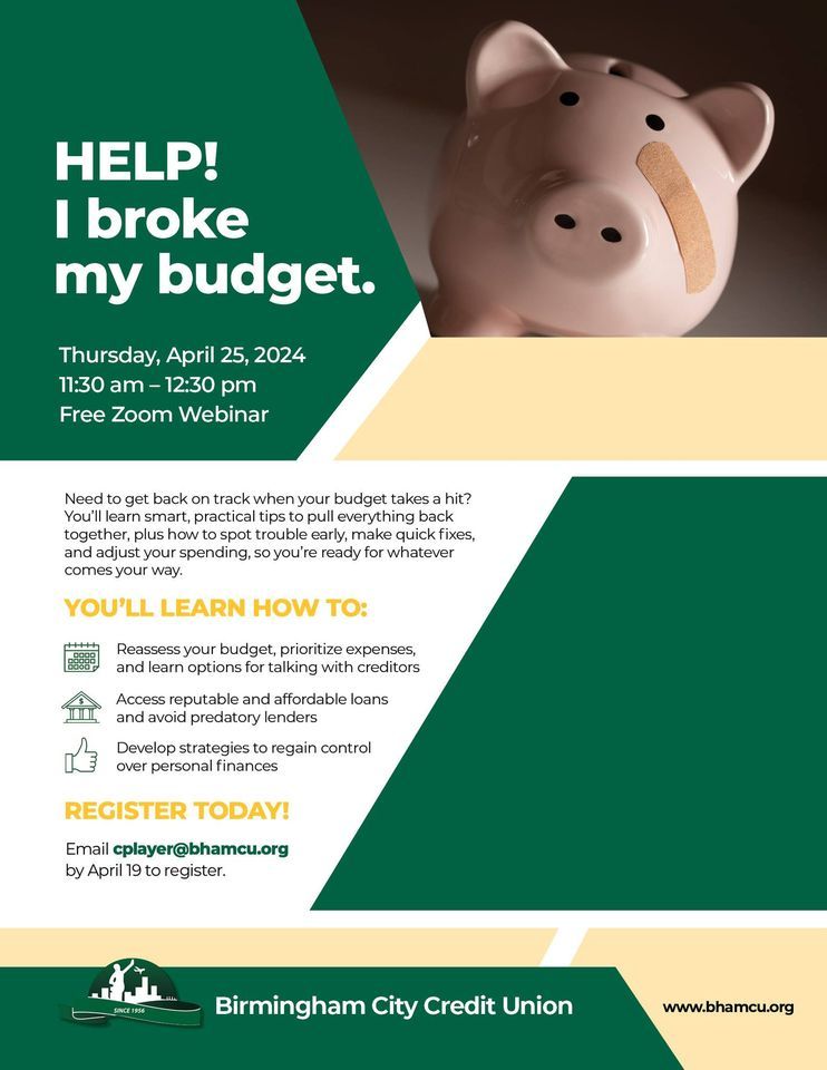 Help! I Broke my Budget, Online event, Birmingham, Alabama, 25 April