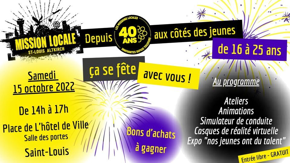 Anniversaire De La Mission Locale Saint Louis Altkirch Place De L Hotel De Ville 600 Saint Louis France Blotzheim October 15 22 Allevents In Anniversaire De La Mission Locale Saint Louis Altkirch Place De L Hotel De Ville 600 Saint Louis France Blotzheim October 15 22 Allevents In