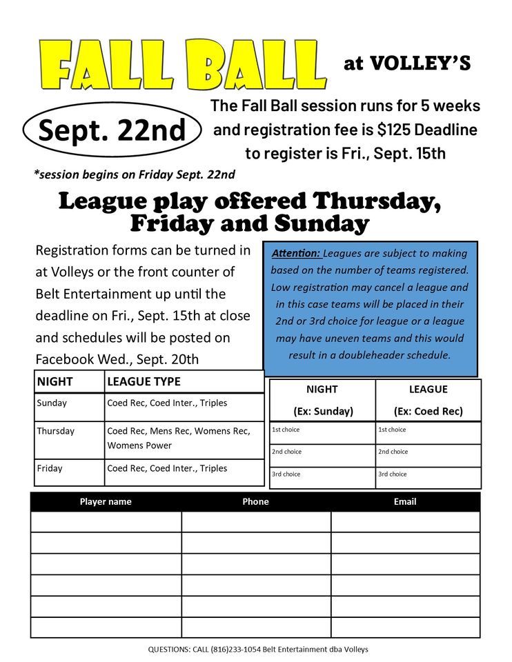 Fall Ball 5 Week League Volleys, Volleys, Saint Joseph, September