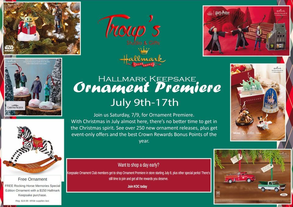 Ornament Premiere, Troup's Studio & Gifts, Toccoa, July 9 to July 16