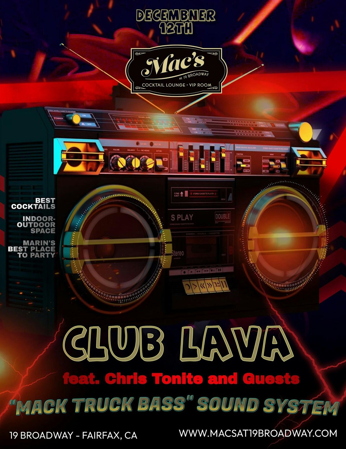 CLUB LAVA — Chris Tonite + Guests (Mack Truck Bass Sound System), 12 December | Event in Fairfax | AllEvents