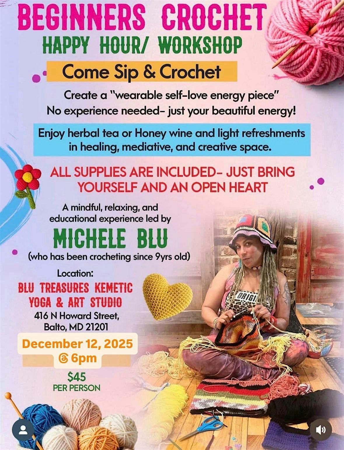 BEGINNER CROCHET WORKSHOP — HAPPY HOUR EDITION Come sip, relax, and crochet, 12 December | Event in Baltimore