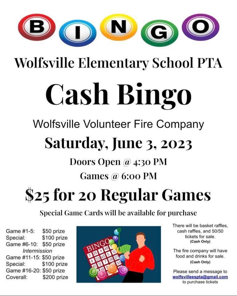 Wolfsville Elementary Cash Bingo, Wolfsville Volunteer Fire, Myersville