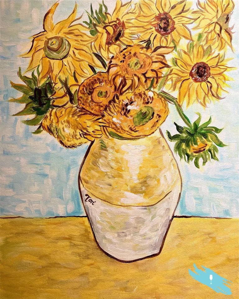 Van Goghs Sunflowers in a Vase Champainting Paint and Sip BYO Food
