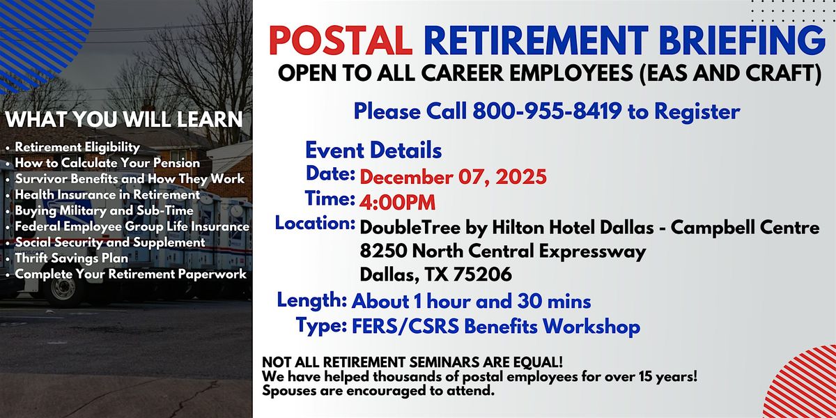 Post Office Employees Retirement Seminar Dallas - 12/07/25, 7 December | Event in Dallas | AllEvents