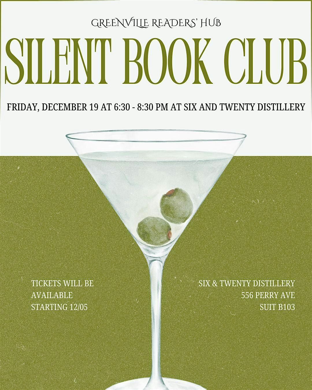 Silent Book Club at Six and Twenty Distillery, 19 December | Event in Greenville | AllEvents