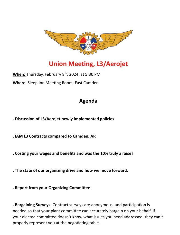 Aerojet/L3 Union Organizing Meeting, Sleep Inn East Camden, February 8