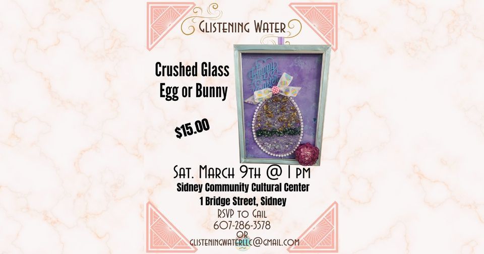 Bunny or egg crushed glass class on glass in a picture frame community