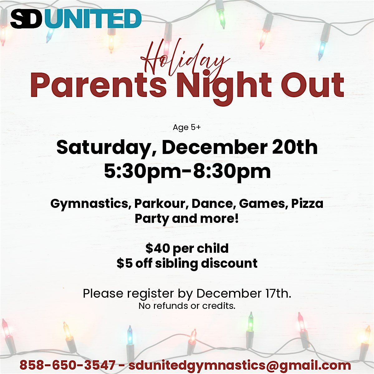 Parent's Night Out: Gymnastics, Dance and Parkour, 20 December | Event in San Diego | AllEvents