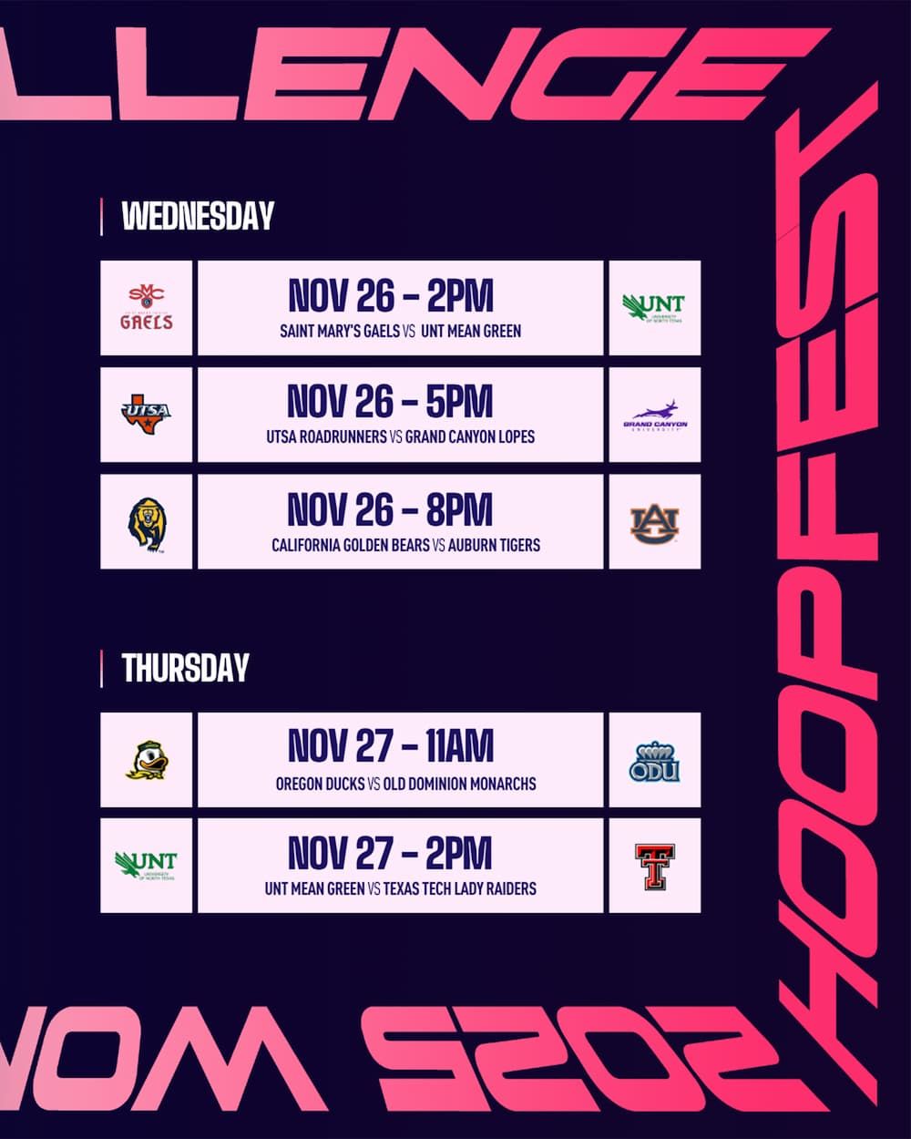 Hoopfest Basketball Women's Challenge: St. Marys vs. Oregon & Old Dominion vs. Texas Tech - Session 2, 24 November