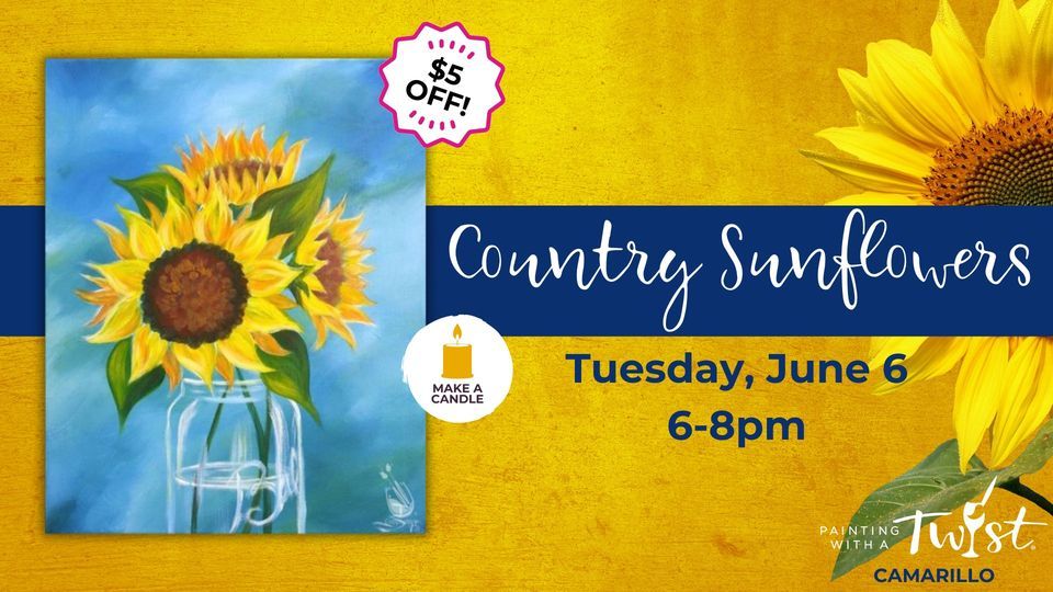 5 off! Country Sunflowers Add a DIY Candle, Painting with a Twist
