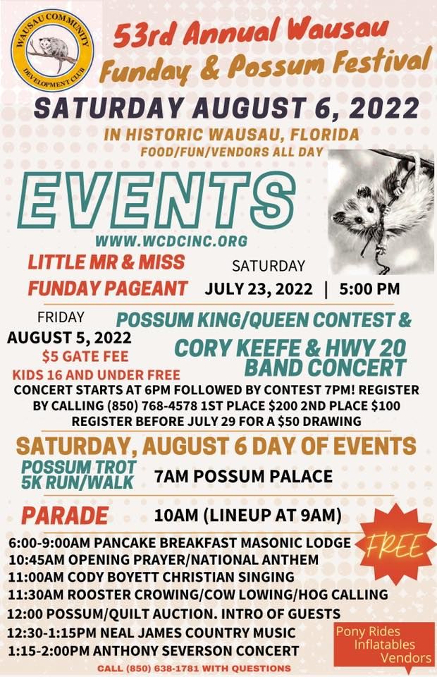 Wausau Funday & Possum Festival, Wausau, Florida, August 5 to August 6