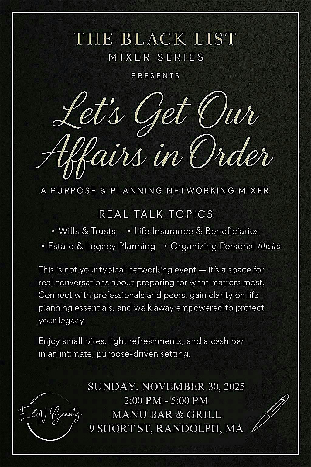 Let’s Get Our Affairs in Order, 30 November | Event in Randolph | AllEvents