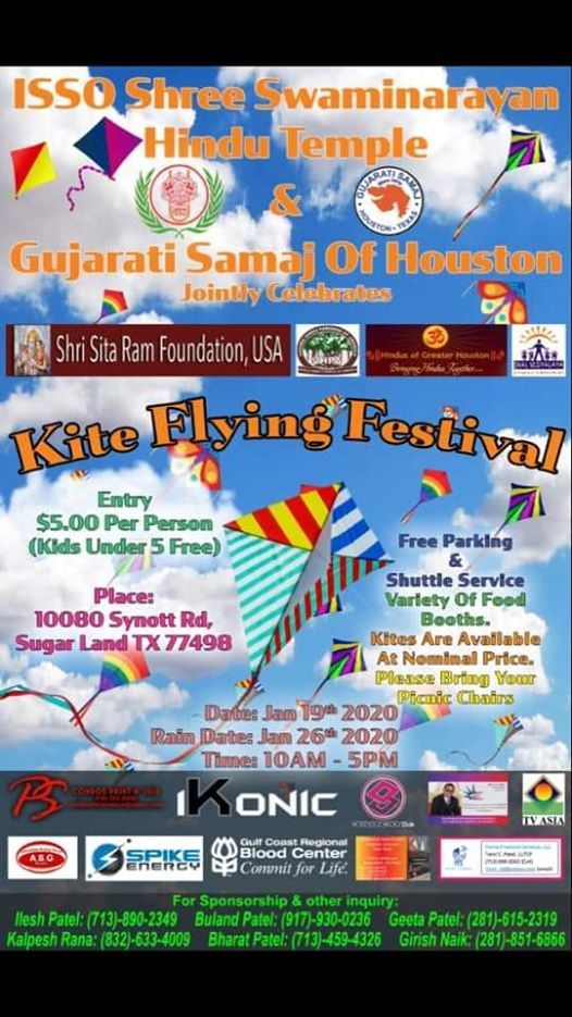 Kite Flying Festival Swaminarayan Shree Temple Sugar Land January 19 2020 Allevents In Sugar Land Kite Festival 2022