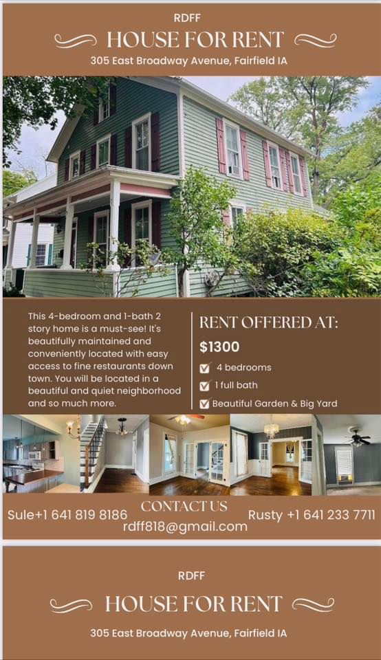 4 Bedroom Rental Open House, 305 E Broadway Ave, Fairfield, IA 52556