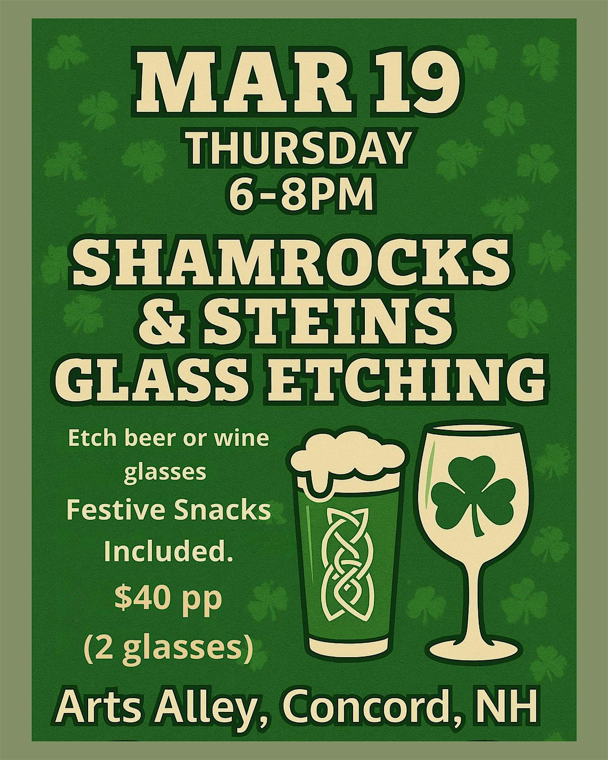 Shamrocks & Steins, Glass Etching, 19 March | Event in Concord | AllEvents