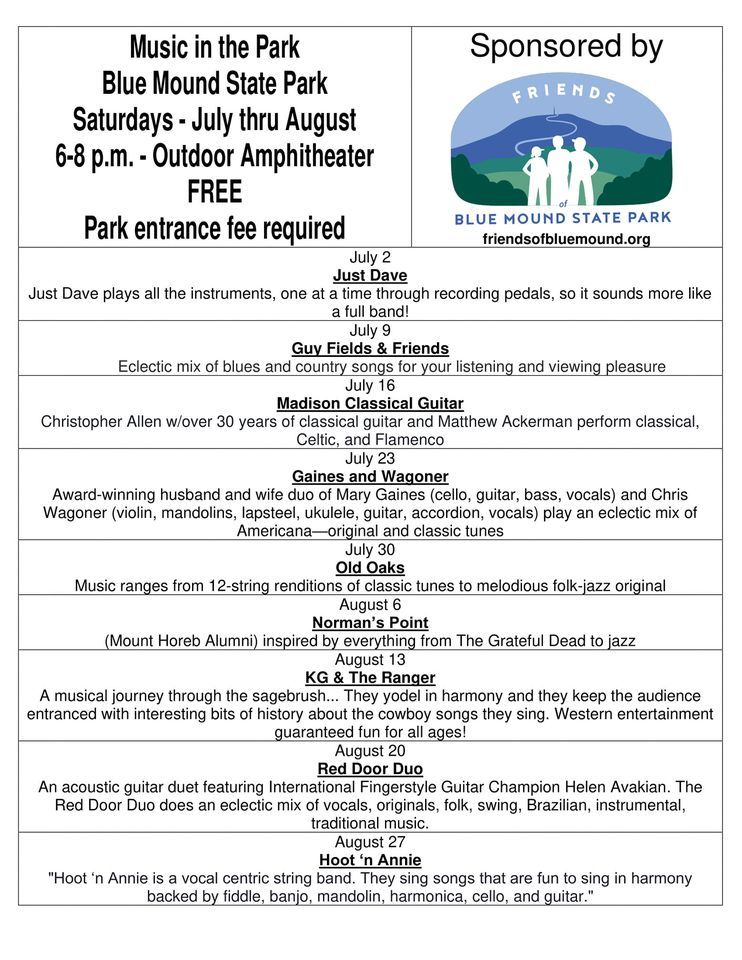 Music in the Park "Guy Fields & Friends", Blue Mound State Park