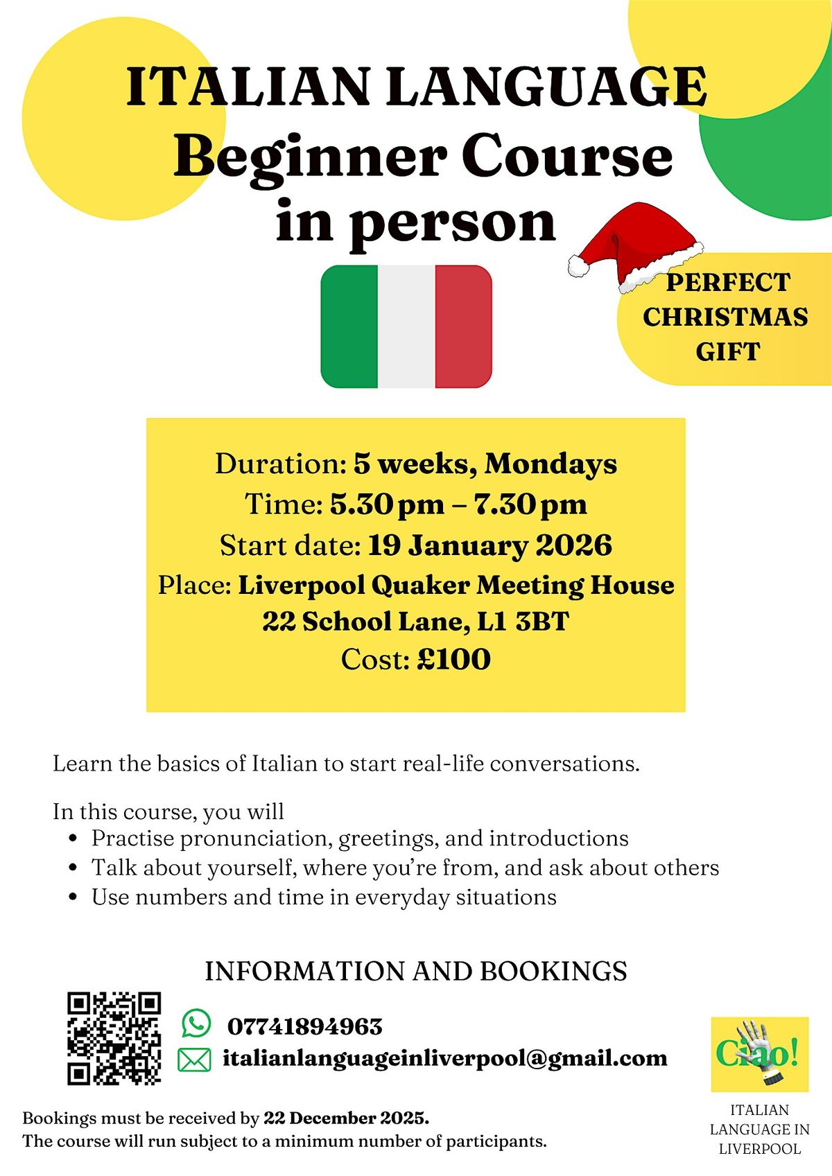Italian language - Beginner course - In person (L1 3BT), 19 January | Event in Liverpool | AllEvents