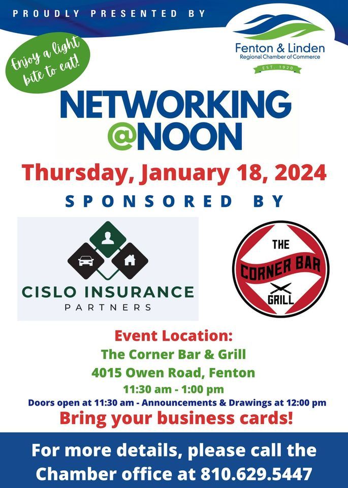 January Networking Noon, Corner Bar & Grill, Fenton, January 18 2024