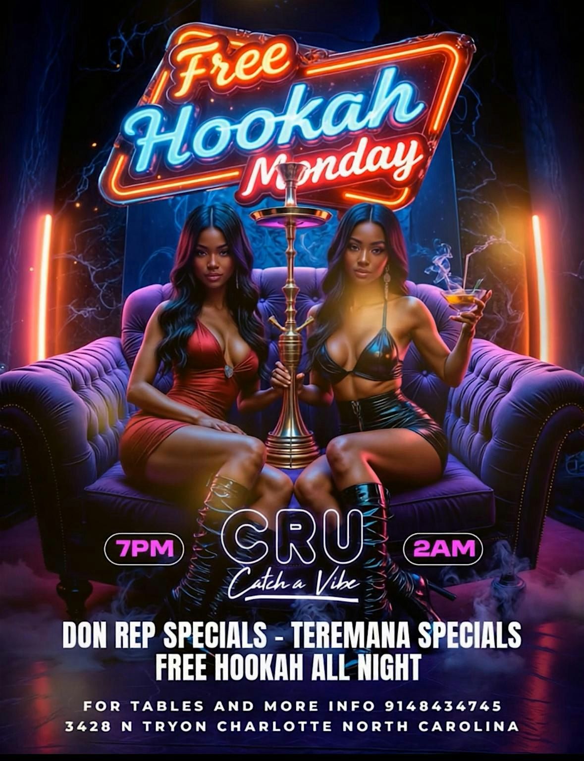 Free hookah Monday @ cru ! $150  teremana $175 don rep | Event in Charlotte | AllEvents