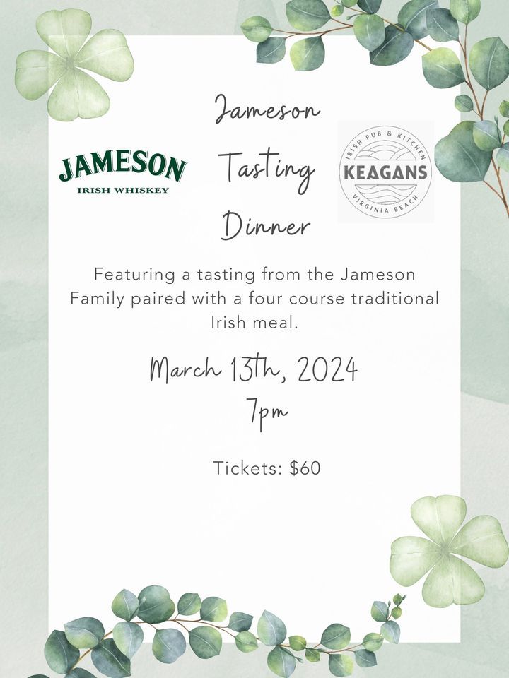 Jameson Tasting Dinner, Keagan's Irish Pub, Virginia Beach, March 13