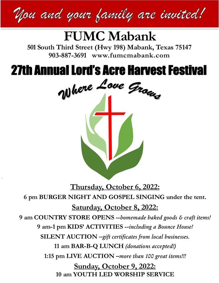 27th Annual Lords Acre Harvest Festival, FUMC of Mabank, TX, October 8