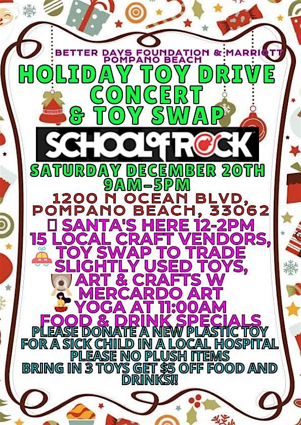 SCHOOL OF ROCK CONCERT, TOY DRIVE, CRAFT MARKET & TOY SWAP with FREE SANTA, 20 December | Event in Pompano Beach