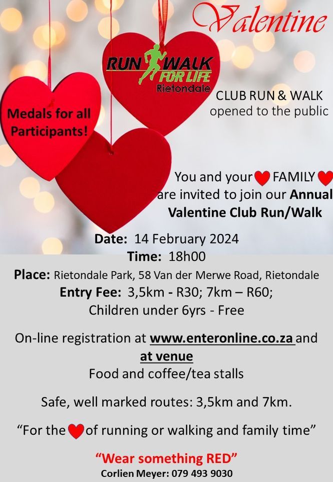 Run/Walk for Life Rietondale Valentine Club Run & Walk Open to the Public., 14 February | Event in Pretoria