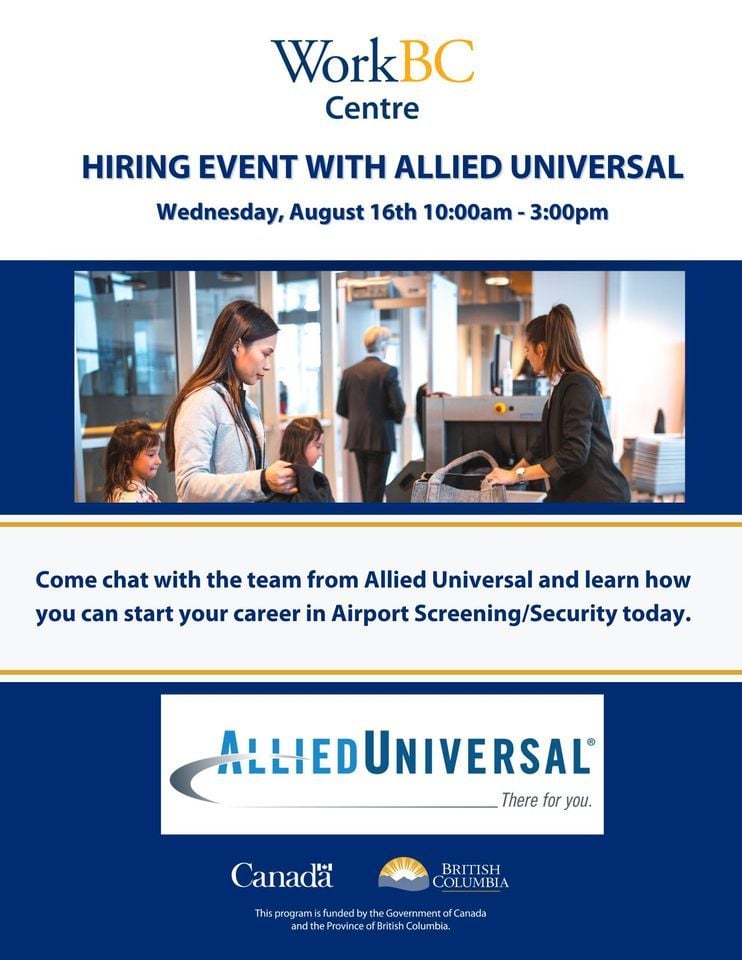 Hiring Event with Allied Universal , WorkBC Vernon, August 16 2025