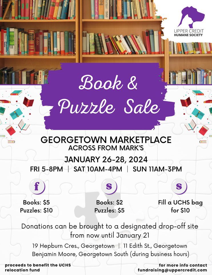 Upper Credit Humane Society book and puzzle sale Jan2628, 2024 at