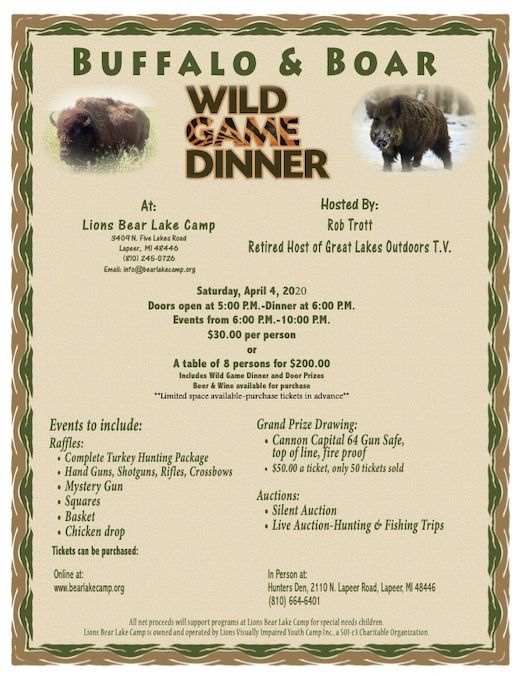 Buffalo & Boar Wild Game Dinner, Lions Bear Lake Camp, Lapeer, April 10