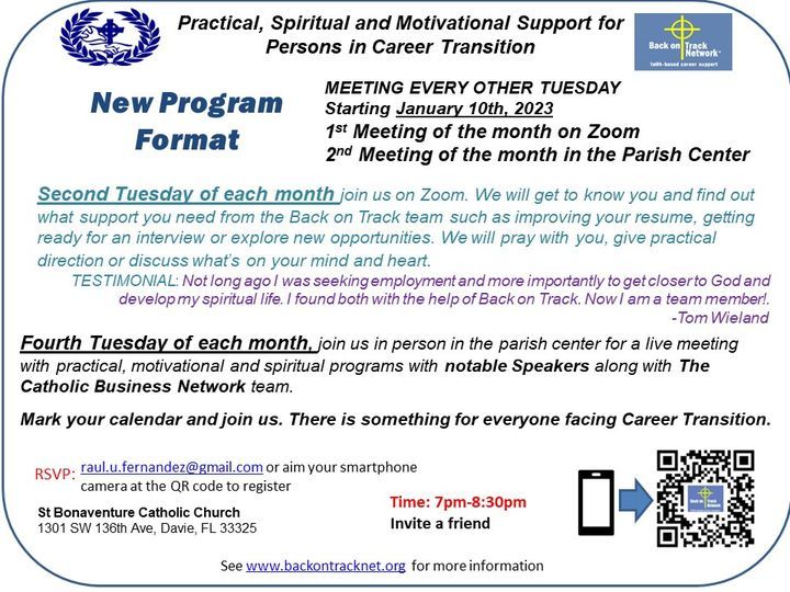 Back on Track January Meeting, St Bonaventure Catholic Church, Davie