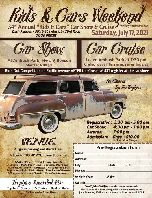 Benson Kid Day Car Show Ambush Park Hancock July 17 2021 Allevents In Benson Mn Kid Day 2022