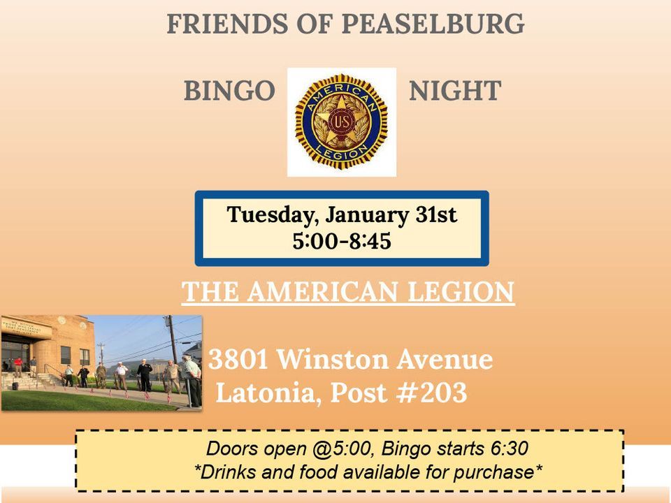 Peaselburg Bingo Night Tuesday January 31, 2023, The American Legion