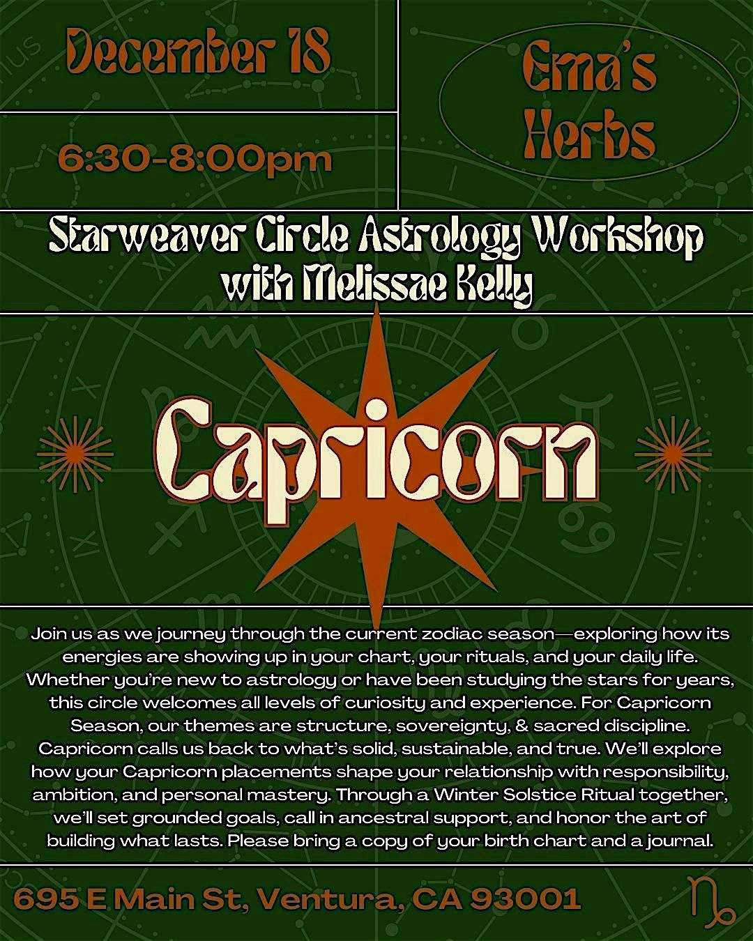 Starweaver Circle Astrology Workshop: Capricorn with Melissae Kelly, 18 December | Event in Ventura | AllEvents