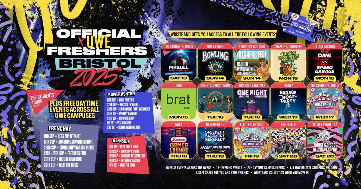The OFFICIAL UWE Bristol Freshers' Week Wristband 2025, 13 September | Event in Stoke Gifford | AllEvents