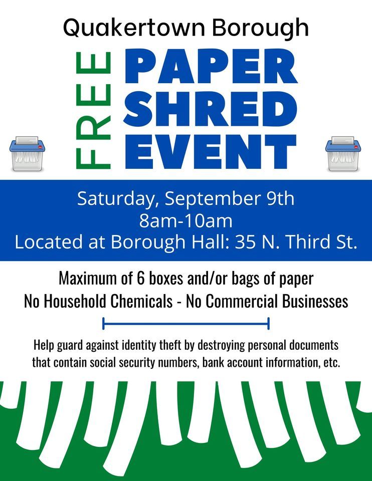 FREE Paper Shred Event, Borough of Quakertown, 9 September 2023 AllEvents.in