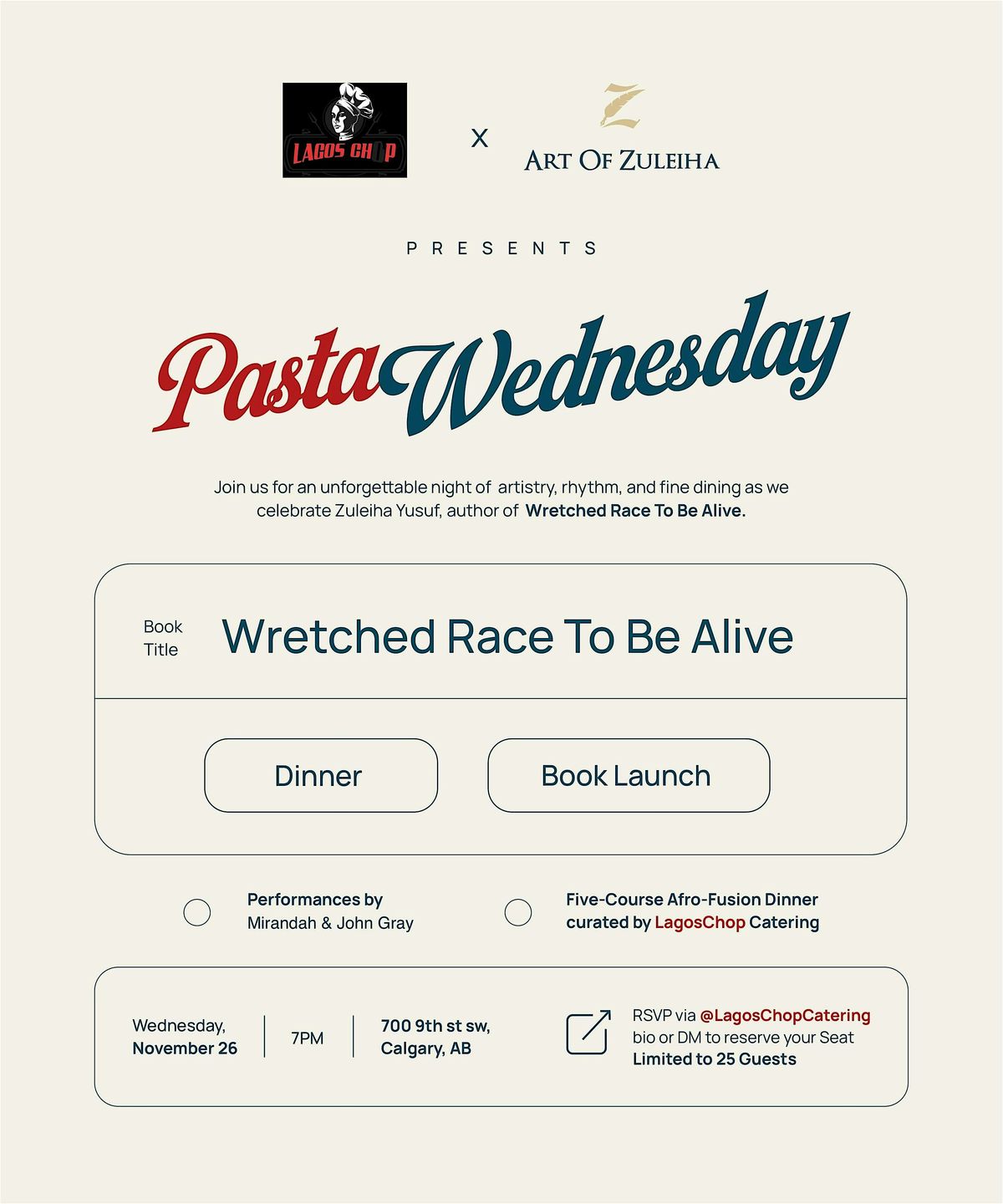 Pasta Wednesday: Wretched Race To Be Alive, 26 November | Event in Calgary | AllEvents