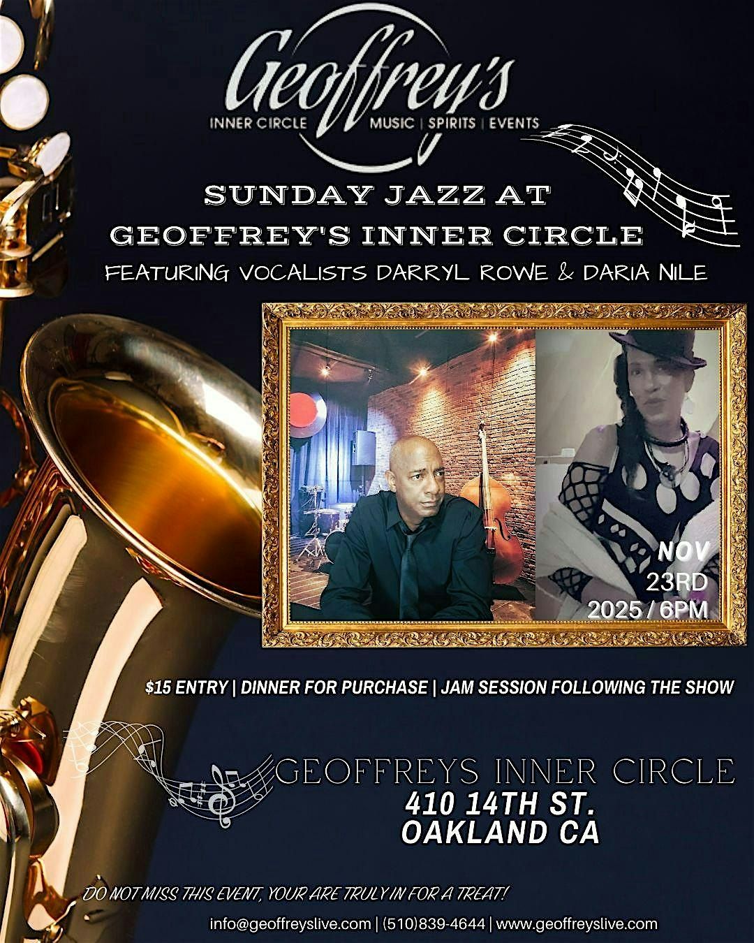 Sunday Jazz @ Geoffrey's Inner Circle ~ Darryl Rowe & Daria Nile  11/23/25, 23 November | Event in Oakland