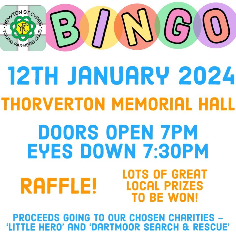 NSC YFC BINGO, Thorverton Memorial Hall, Exeter, January 12 2024