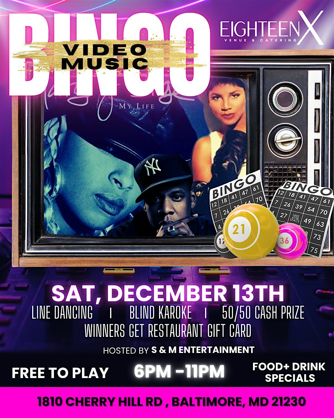 Video Music Bingo: Food • Drinks • Prizes at Eighteen X, 13 December | Event in Baltimore | AllEvents