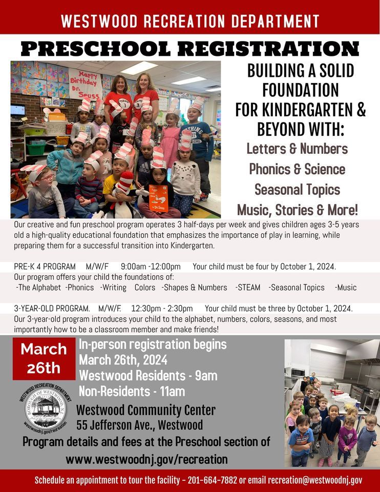 Westwood Recreation Preschool Registration, 55 Jefferson Avenue