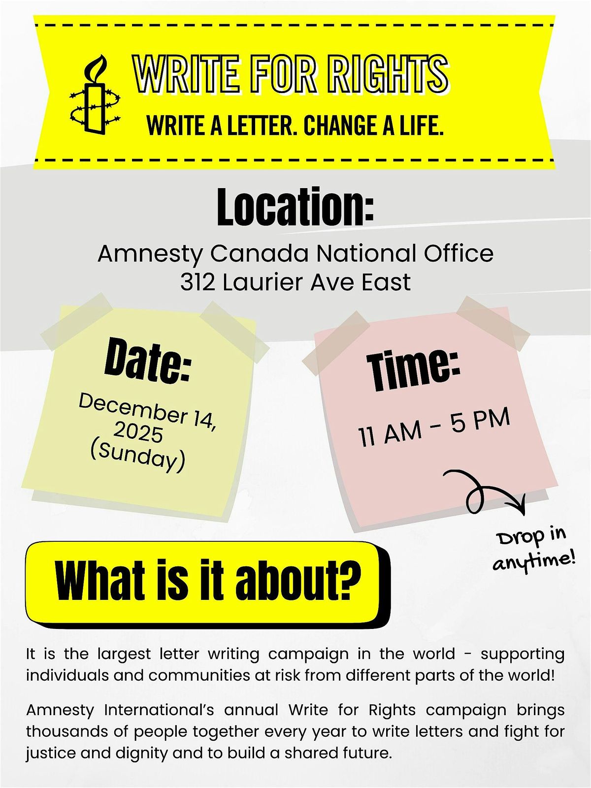 Amnesty Ottawa-Gatineau (National Office) Write for Rights drop-in event, 14 December | Event in Ottawa | AllEvents