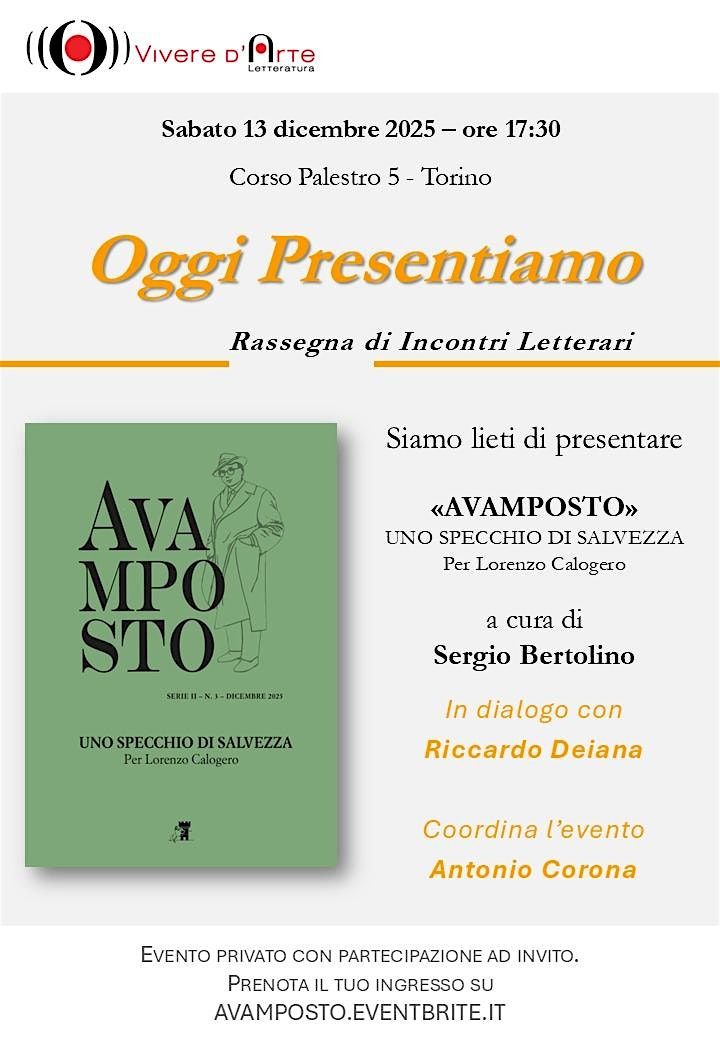 AVAMPOSTO – Uno specchio di salvezza. Per Lorenzo Calogero (Serie II n. 3), 13 December | Event in Torino