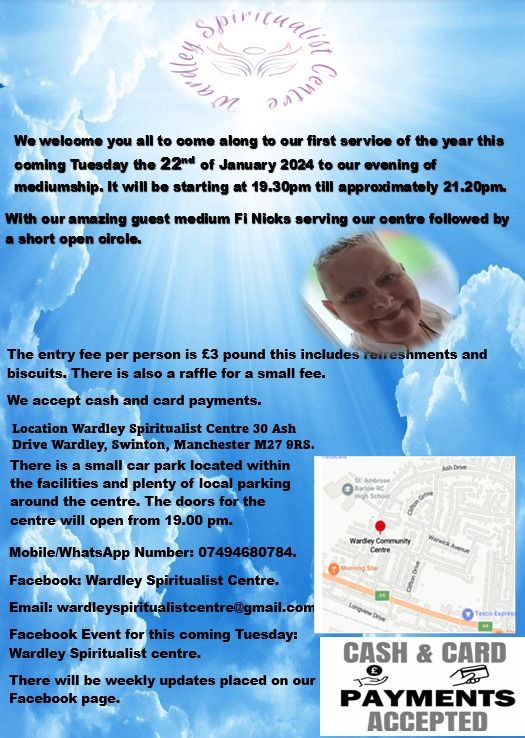 Spiritual Evening on Tuesday with guest medium Fi Nicks followed by a short open circle, Wardley