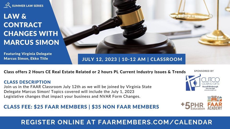 Law & Contract Changes with Marcus Simon, Fredericksburg Area Association  of Realtors - FAAR, July 12 2023 | AllEvents.in