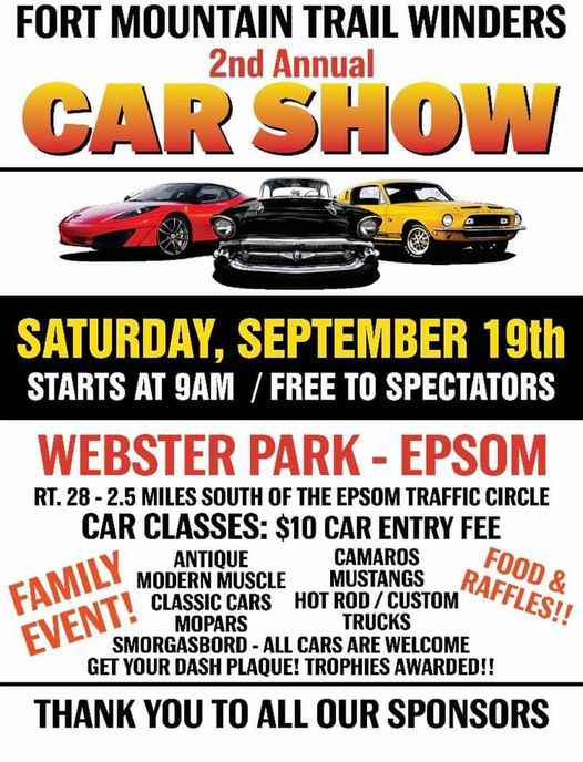 Car Show Webster Park Epsom Sat Sept 19th, Fort Mountain Trailwinders
