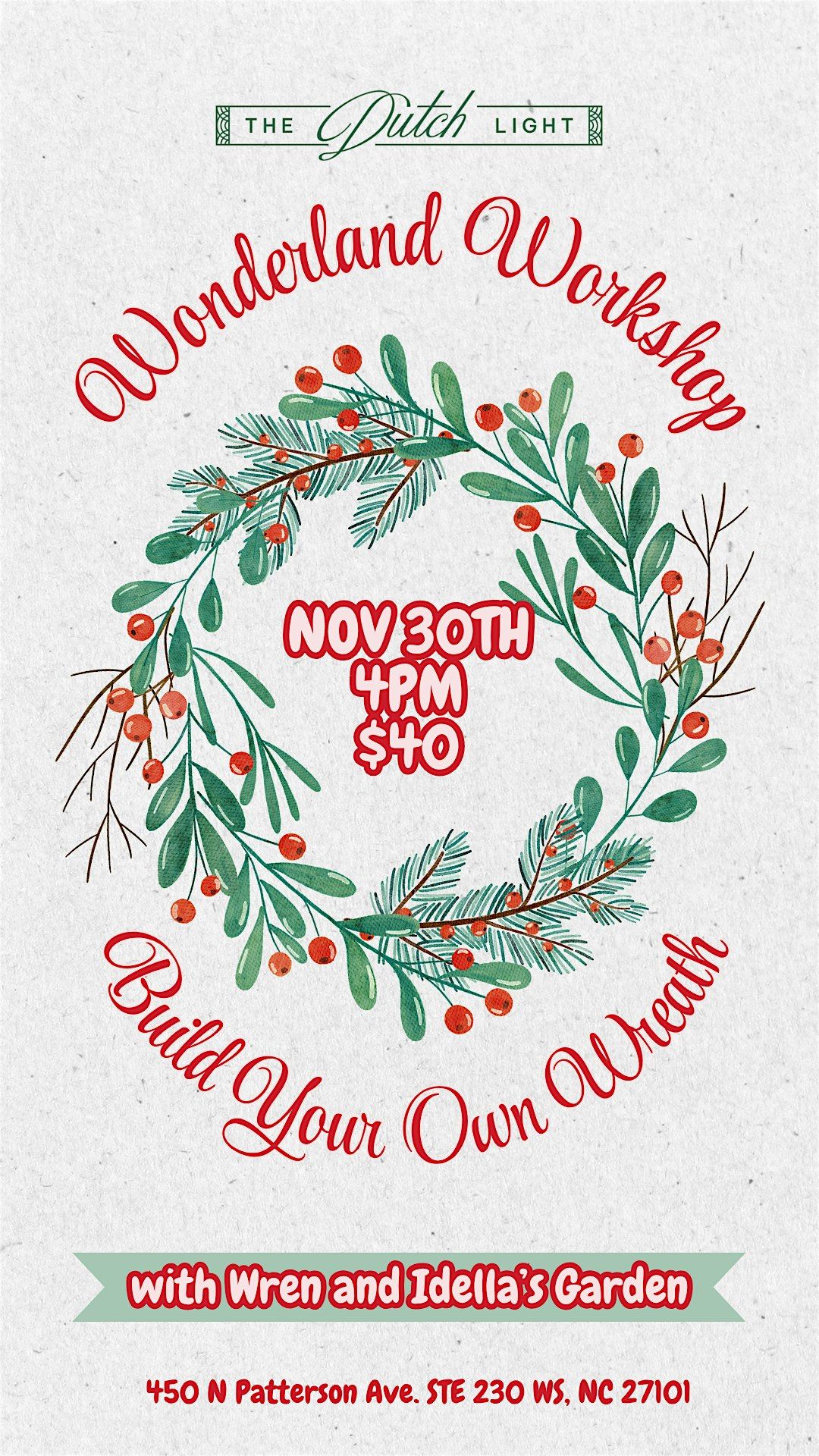 Wonderland Workshop: Build Your Own Wreath, 30 November | Event in Winston-Salem | AllEvents