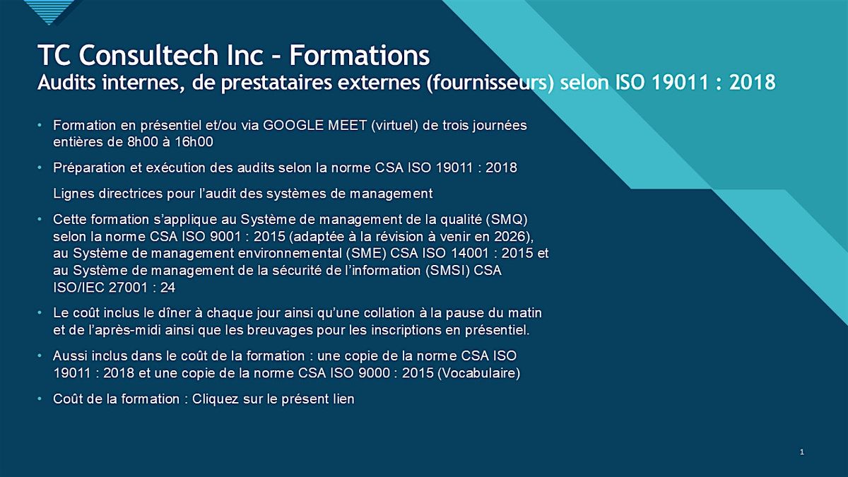 Formation TC Consultech Inc ISO 19011:2018 Audit des Systèmes de Management, 10 March | Event in Shawinigan