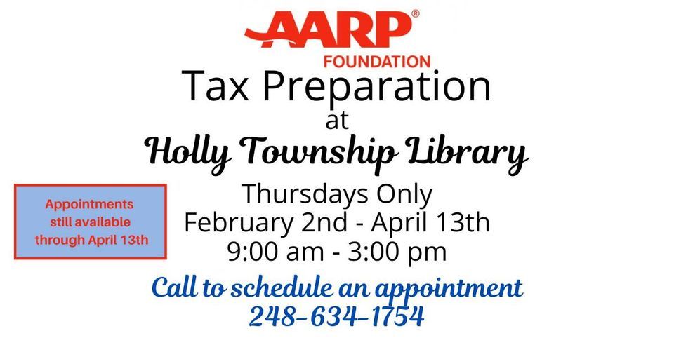 AARP Tax Preparation at the Holly Township Library, Holly Township Library, 6 April 2023